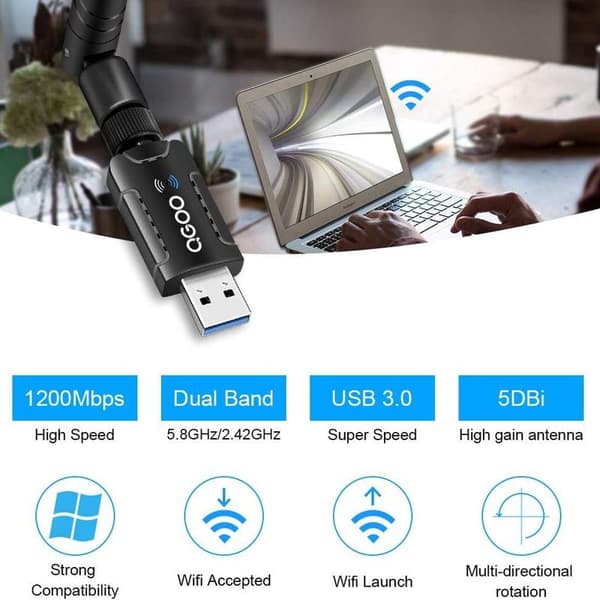 WiFi-adapter til pc, 1200 Mbps USB 3.0 trådløst netværk WiFi