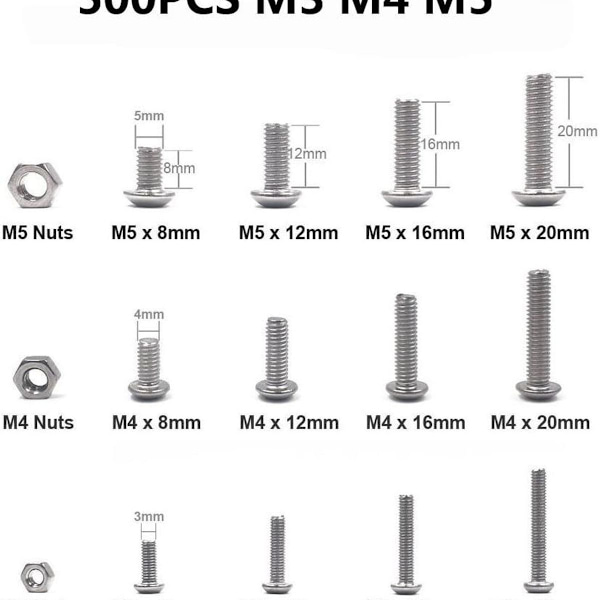 Skrue- og møtriksæt, 500 stk. M3 M4 M5 KLB