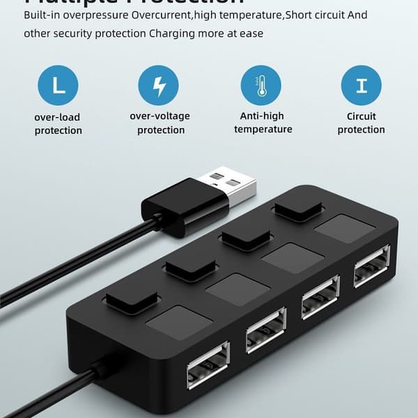 4-porters USB 2.0 datahub med individuelle LED-belyste strømknapper