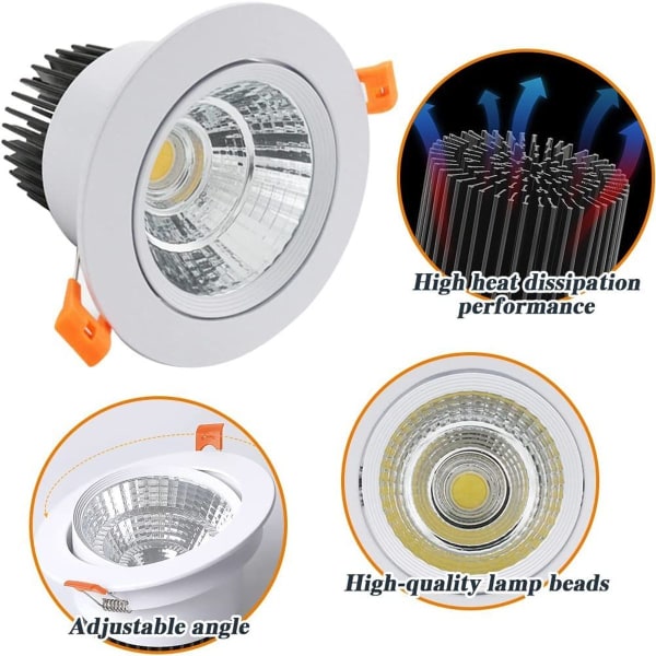 Pakke med 6 LED-downlights, 7 W COB innfelt taklampe, AC 220-240 V, kald hvit 6000 K, W