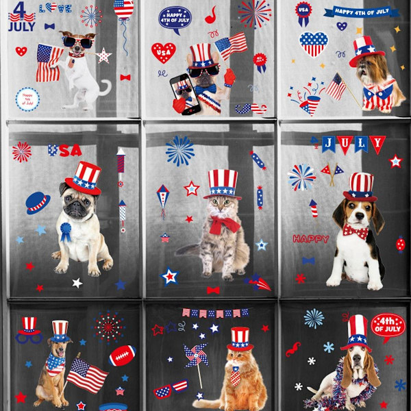 4. juli amerikansk patriotiske hundekat vindue klistermærke 9 ark, Independence Memo KLB