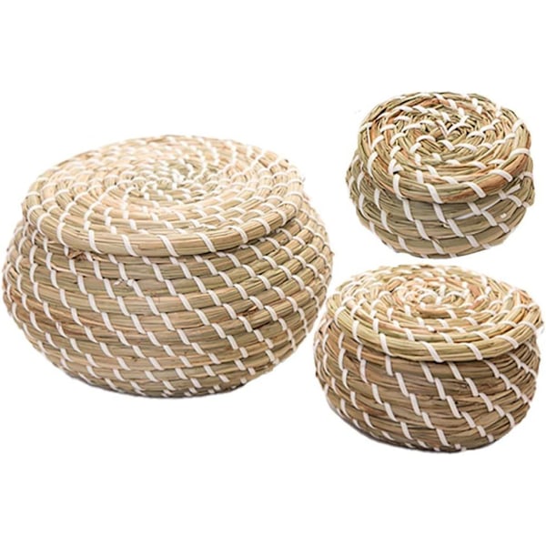 Pakke med 3 Vævede Sægrørkurve Flettet Rattan Opbevaringskurve Rund Æske