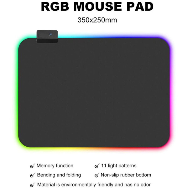 RGB Gaming Mouse Pad 8 Lystilstande Skridsikker Gummi 350x250x4mm