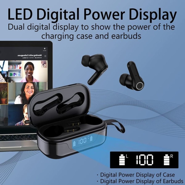 Bluetooth Headphones 5.1 Earbuds LED Power Display Trådlös Svart