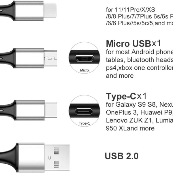 USB-kabel universell ladekabel hurtigladekabel 3 i 1 multiladekabel iP Micro KLB