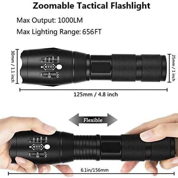 LED-taskulamppu, ladattava taskulamppu, 5 tilaa, vedenpitävä, zoomaava KLB