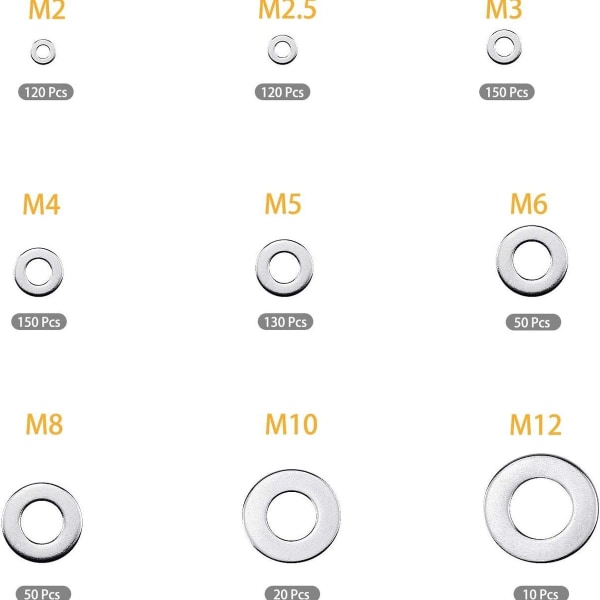 800 stk. rustfri stålskiver Sortiment M2 M2.5 M3 M4 M5 M6 M8 M10 M12 KLB