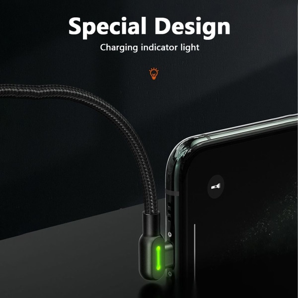 Type C til telefon 90 graders dobbel vinkel LED hurtiglading kabel 1,8 meter KLB