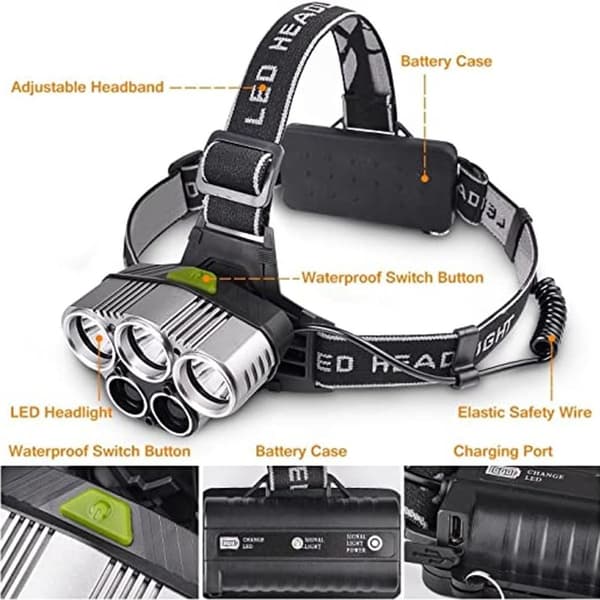 5 LED-frontlykter med seks moduser, USB-oppladbare vanntette frontlykter KLB