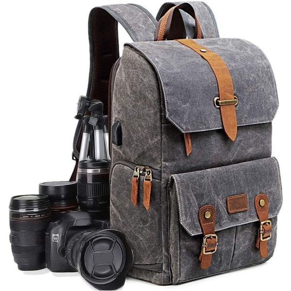 Kameraryggsäck Vattentät canvas linnetyg och DSLR-ryggsäck i äkta läder