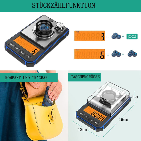 Precisionsskala 50 g / 0,001 g, digital milligramsskala med LCD-display, KLB