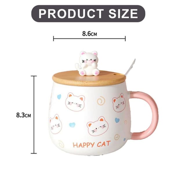 Söt kattmugg med lock, present, 400 ml, keramisk kaffemugg med