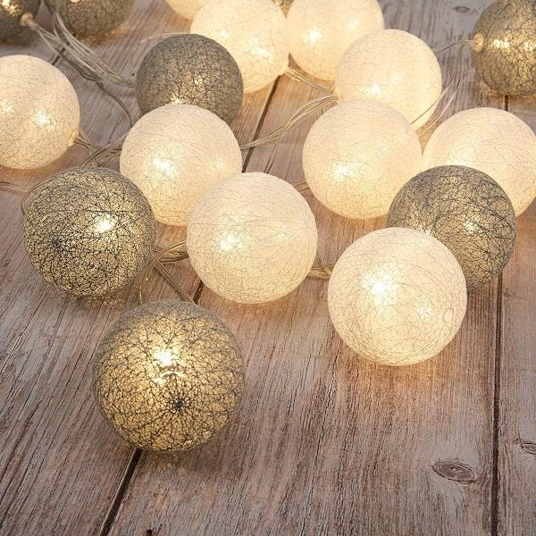 Varmt hvid 20 LED kuglelyskæde Ø 6 cm bomuldssnor KLB