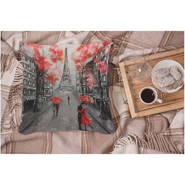 45 x 45 cm Romanttinen Pariisin Tyynynpäällinen Rakastavaisille - Suudelma Ranskassa - Design: Eiffel-torni - Ystävänpäivä - Miehille ja Naisille - Harmaa ja Punainen