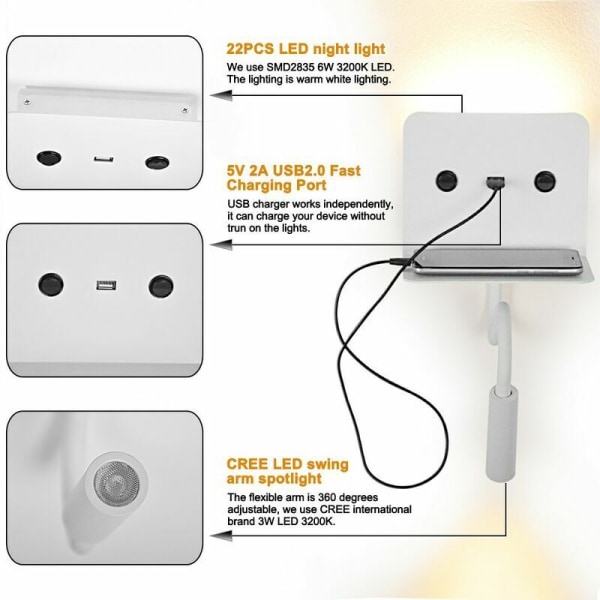 3W LED væglampe + læselampe med sort USB-port KLB