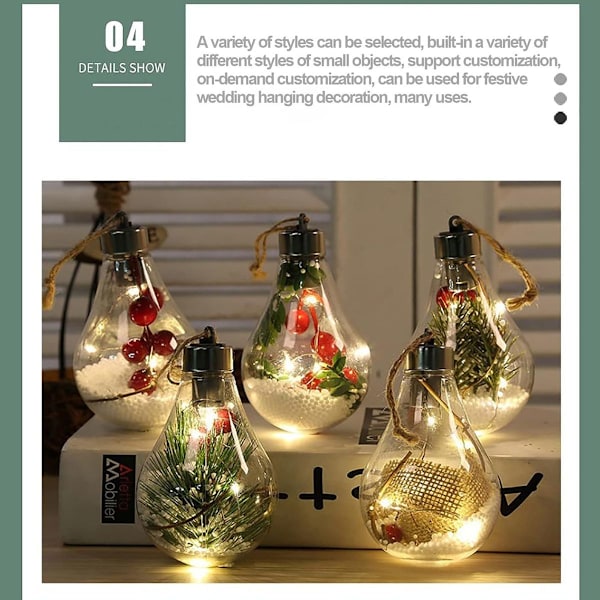 Paket med 6 LED transparenta julgranskulor, juldekorationer. KLB