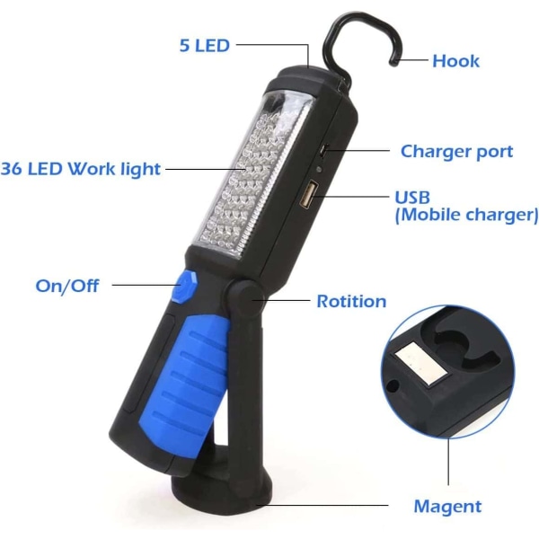 Inspeksjonslampe Oppladbar LED-lampe, Oppladbar LED-arbeidslampe Med Magnetisk LED-lommelykter Lampe Inspeksjonslampe Arbeidslampe