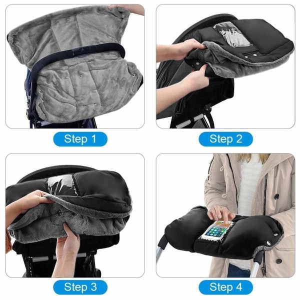 Handvärmare, barnvagnshandskar fleece inuti handmuff med mobilficka, KLB