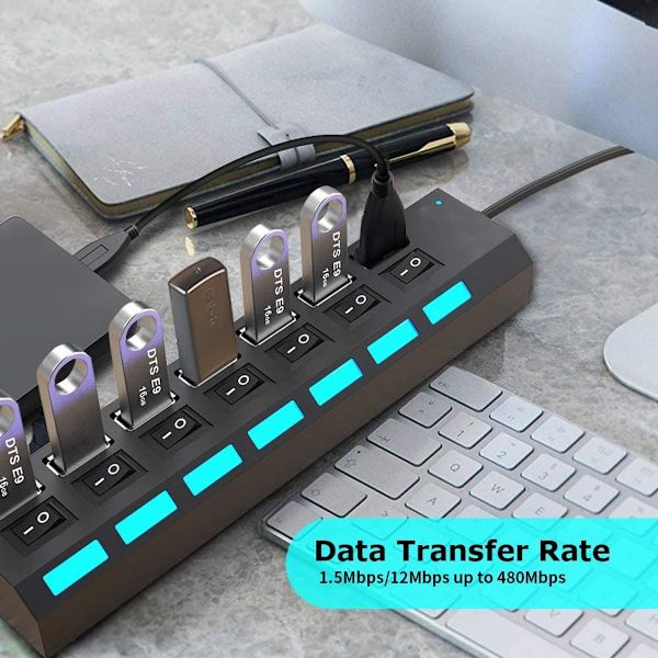 7-porttinen USB 2.0 -keskitin, jossa yksittäiset kytkimet ja LED-valot, USB