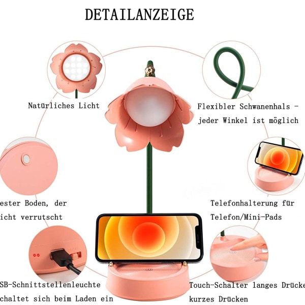 Rosa skrivebordslampe for barn, kreativ oppladbar LED-skrivebordslampe KLB