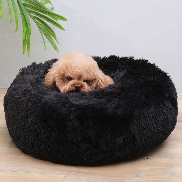 Rund plys hund seng sort KLB