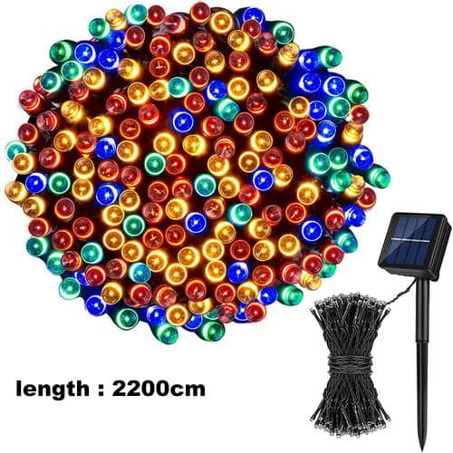 Solcelled lyslenke utendørs, 22M 200 LED, 8 moduser fire farger