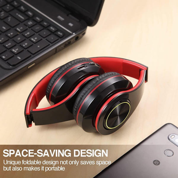 Bluetooth over-ear-hovedtelefoner, stereo dyb bas, blød sort rød