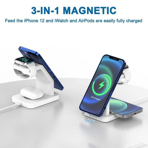 3 i 1 trådløs oplader til Apple iPhone 13/13 Pro/13 Pro Hvid