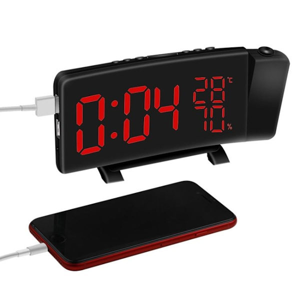 Trefärgad projektor klockradio, USB digital väckarklocka, termometer och hygrometer