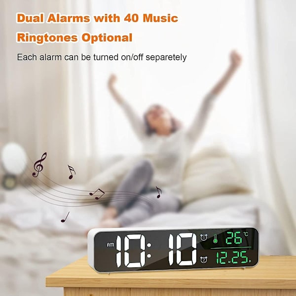 Store digitale ure - dato/temperaturvisning, to alarmer, klassisk musikring