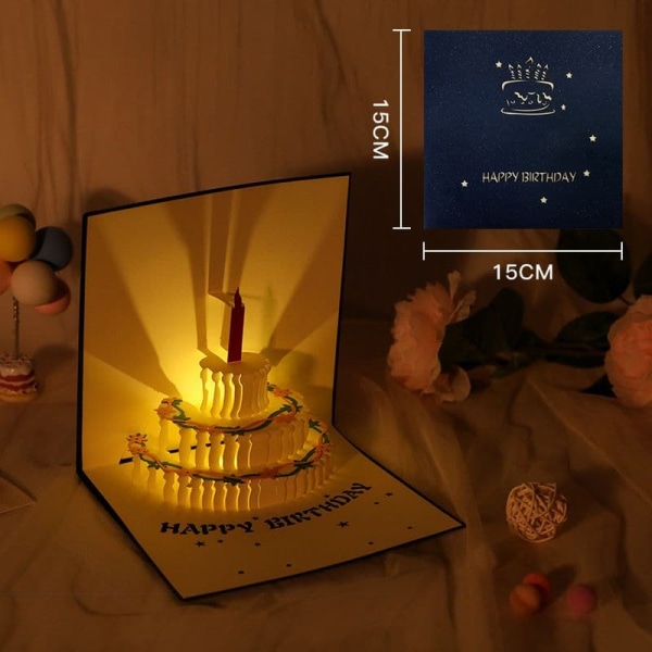 Blått födelsedagskort gratulationskort för kvinnor och män med musik och ljus, flicka pojke födelsedagsinbjudan, 3D pop-up gratulationskort med in-