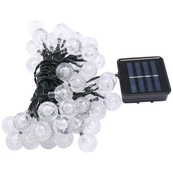 LED solcelle guirlande 30 kugler (6,50 m) - mørkegrøn ledning, sort batteri og solladning, gennemsigtig kugle, varm hvid-sort