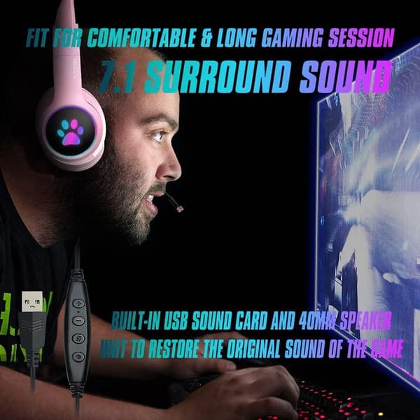 Kablet Gaming Headset 3.5mm Øremuffer LED Lys Søt Katt Rosa