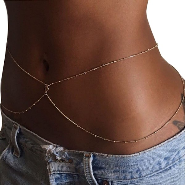 Midjekjede Boho Enkel Bikini Magekjede Sommer Kroppskjede Strand Kroppstilbehør Smykker for Kvinner Jenter (Gull 3)