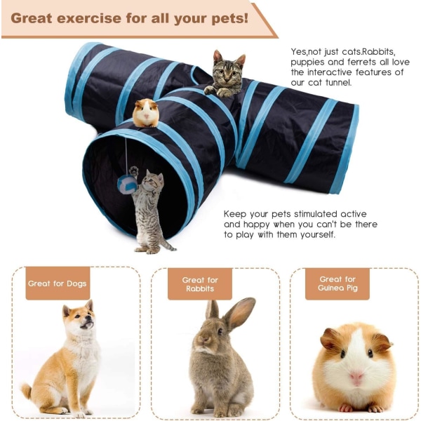 Cat Tunnel Cat Game, Kanin Pet Tunnel 3-veis Crinkle Tunnel Sammenleggbar rørleke for katter Kaniner, hunder, kjæledyr, med fiskestang katteleke