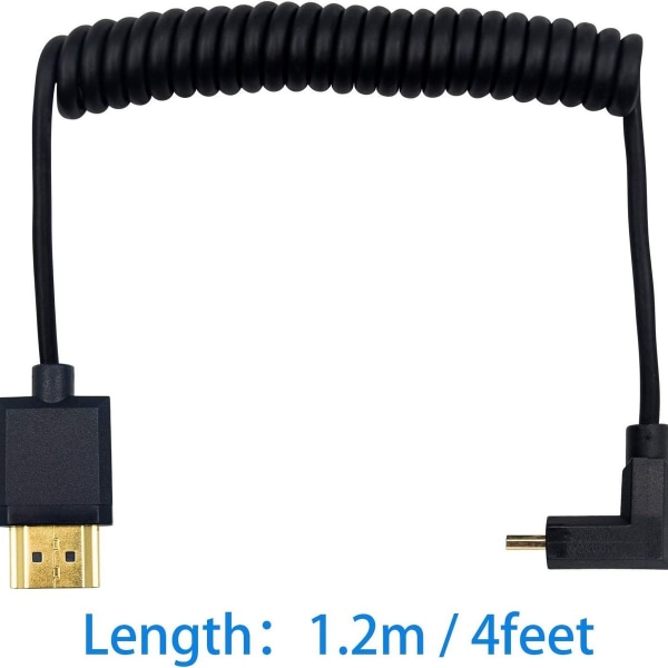 HDMI til standard HDMI-kabel, Micro HDMI til HDMI spiralfjederkabel, vinklet, 1,2 m