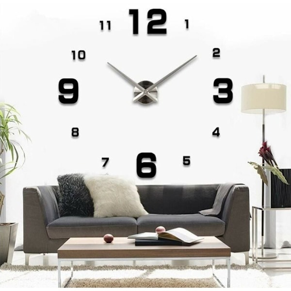 Large DIY Wall Clock Silent Modern 3D Sticker Home Office Decor Gift (Black) KLB