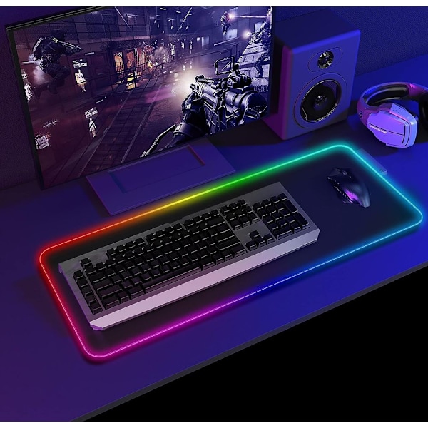 Spelmusmatta XXL stor RGB spelmusmatta med 4 USB-portar 14 ljuslägen gummi