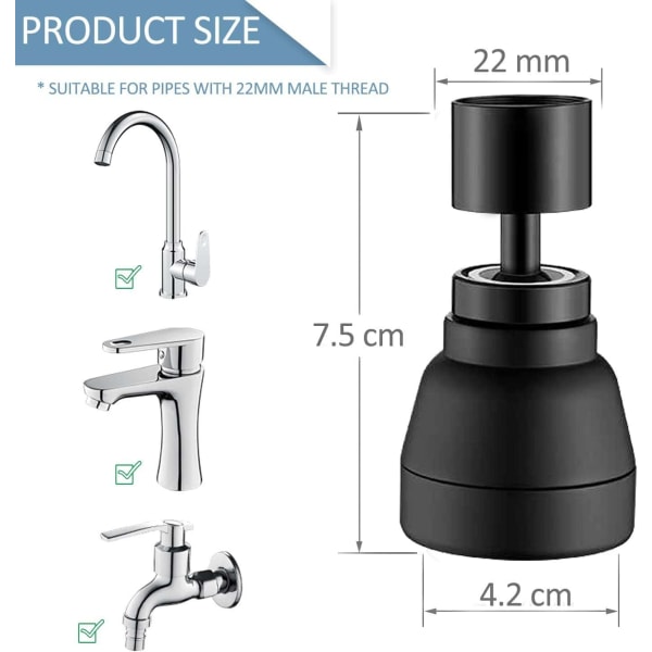 3 Spray Modes Køkkenhane Dyse-360 Graders Køkkenvask Spray Hoved, Køkken Aerator, Vandsparende Hane Adapter, til Håndvask, FM22/M24 (Sort)