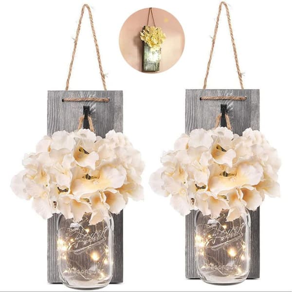 2 Rustikke Mason Jar String Lights, Silke Hortensiaer og LED String Lights KLB