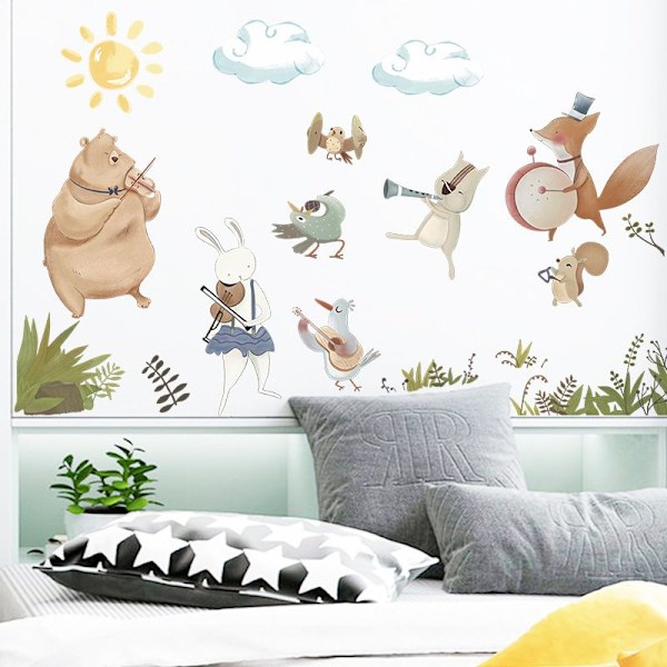Metsäeläinten seinätarrat Karhu Kettu Peura Seinäkoriste Lastenhuone Vauvan lastentarha Vesiväri Piirretty Eläinorkesterin seinätarra 30*90CM*2PCS