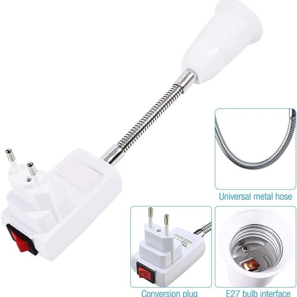 E27-lampeholder med bryter (EU-plugg), leselampe med fleksibel hals,
