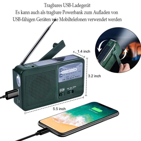 Bærbar nødradio Solar Radio sveiv AM FM-radio med LED lommelykt USB-port