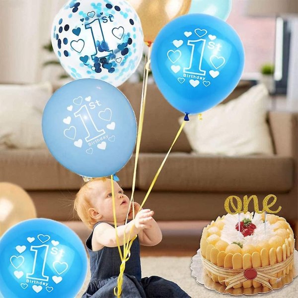 1-vuotiaan pojan syntymäpäiväkoristeet, 1-vuotiaan syntymäpäivän koristeet, sininen konfetti-ilmapallo, joka on yhteensopiva 1-vuotiaan lapsen syntymäpäivän kanssa. Hyvää syntymäpäivää