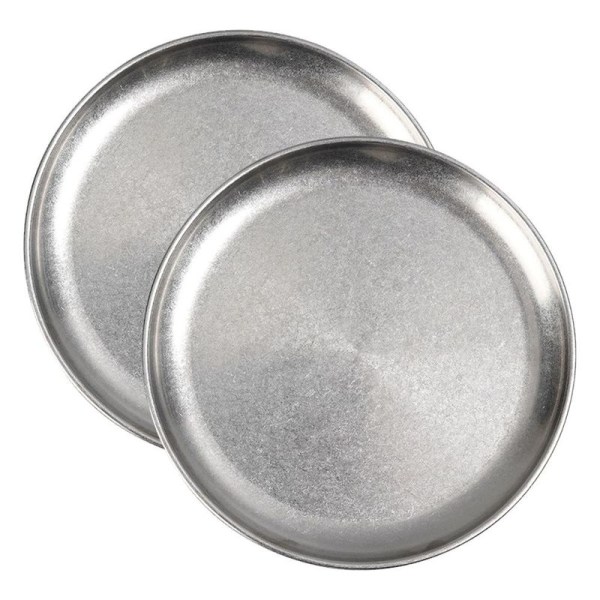 Tallerkensett i rustfritt stål med 2 middagstallerkener i metall for snacks, sølv