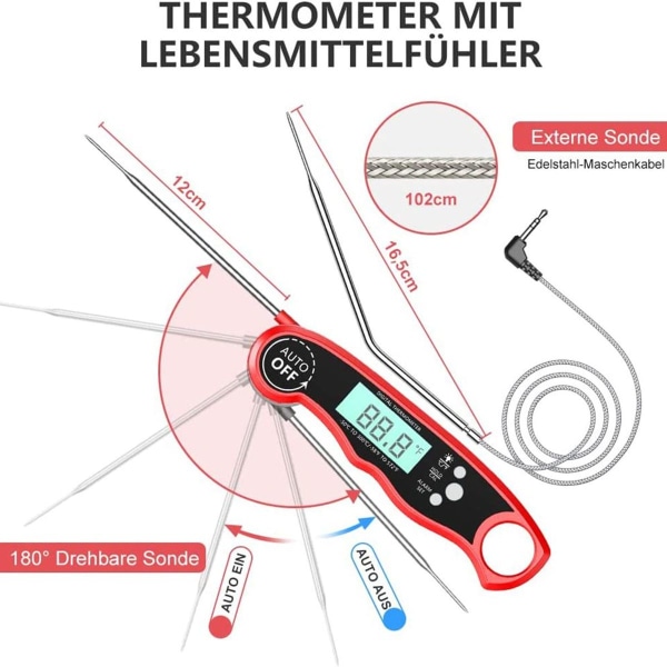 Grilltermometer digitalt kødtermometer stegetermometer med øjeblikkelig aflæsning, KLB