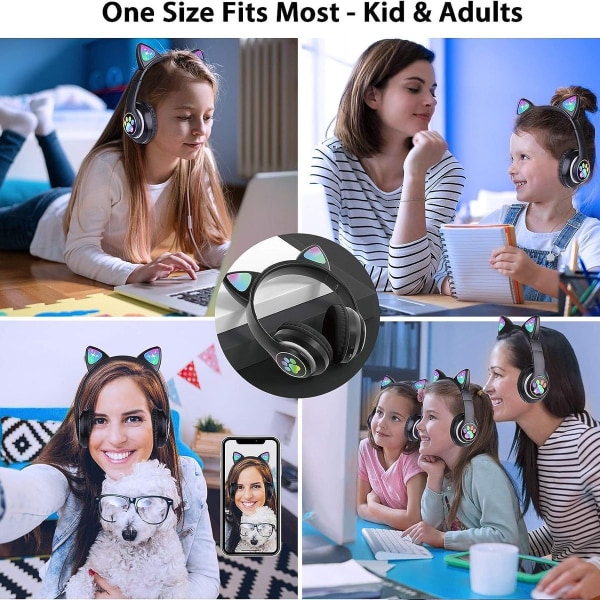 Smuk stereo gaming headset med mikrofon, katteøre, cool sort