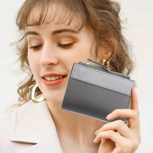 Liten plånbok för kvinnor, smal läder bifold främre fack för kvinnor, grå