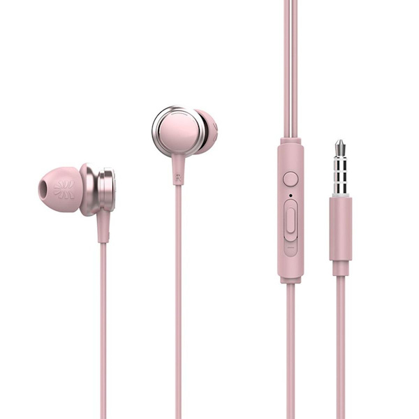 Hörlurar i örat - trådbundna hörlurar med mikrofon och bas, rosa