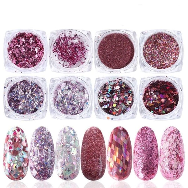 Holografiset nail art Glitter, 8 laatikkoa/ Set Ruusukulta Pinkki Nail Flakes Pullo KLB